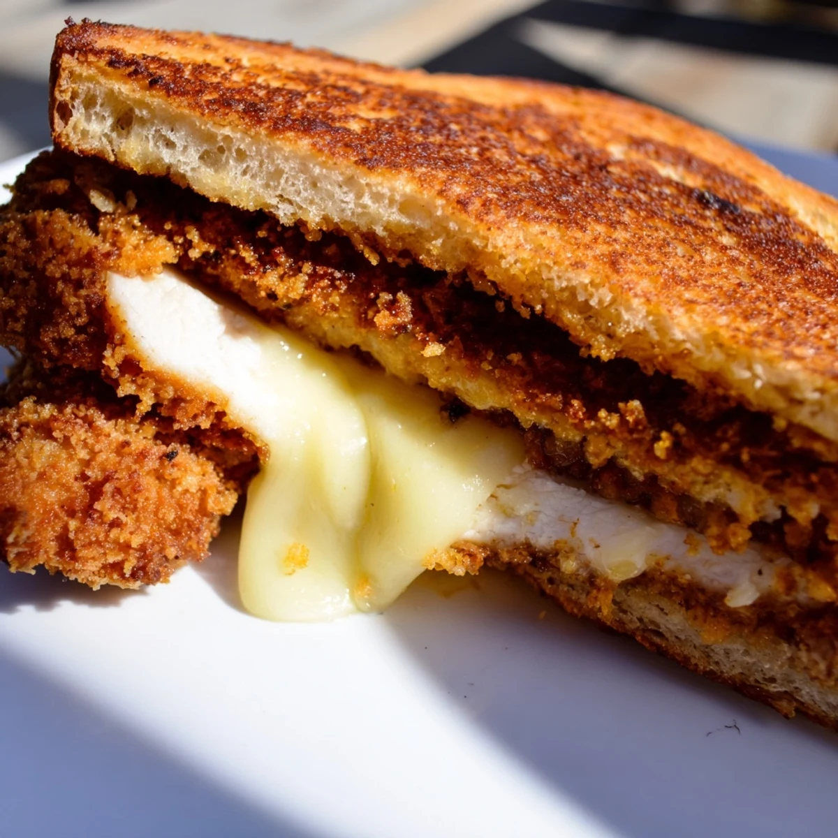 Golden, crispy Parmesan Chicken Thighs Grilled Cheese, oozing melted cheese between toasted sourdough.