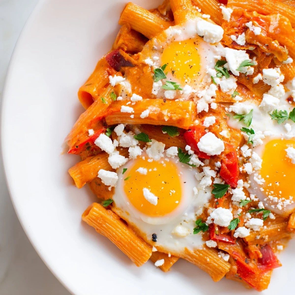 Quick Shakshuka Pasta with runny yolks, bubbly tomato sauce and fresh parsley garnish.