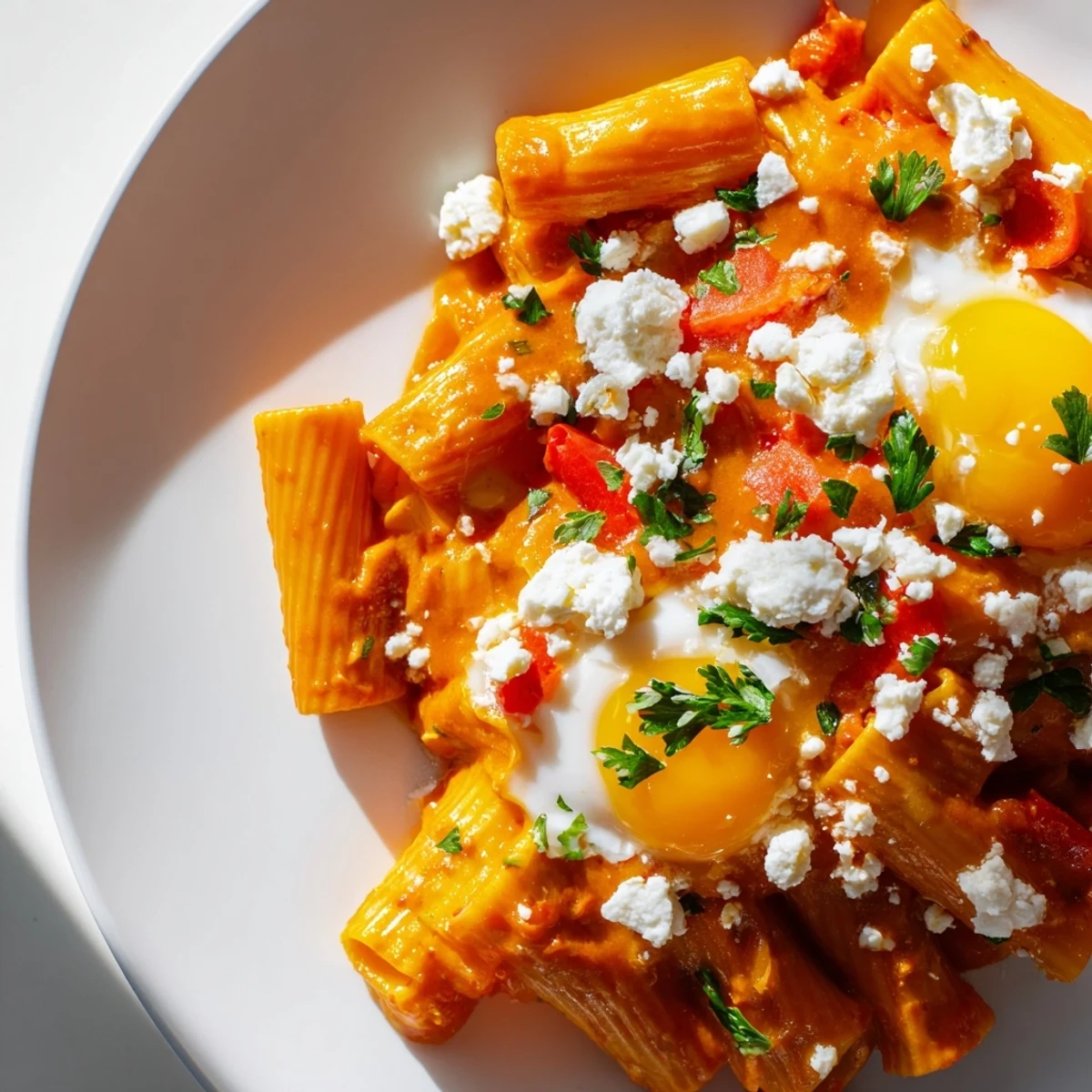 A close-up of Quick Shakshuka Pasta: a vegetarian Mediterranean fusion, ready to serve and enjoy.