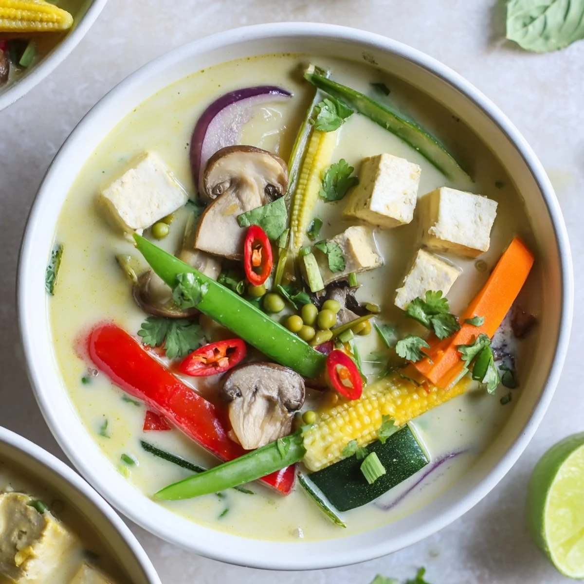 Steaming bowl of Thai Green Curry Coconut Soup, garnished with cilantro and lime wedges, is ready to savor.
