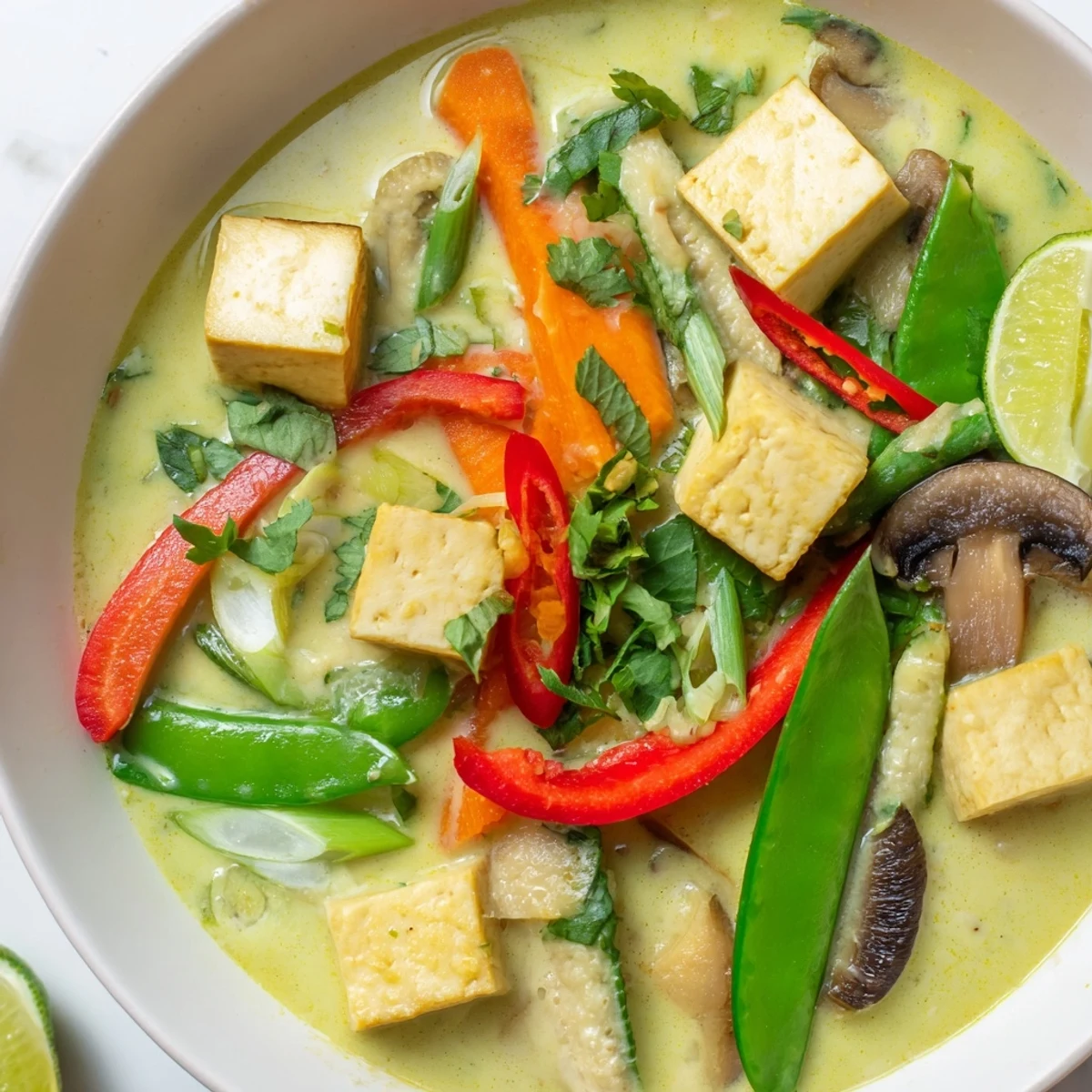 Creamy coconut milk swirls through the flavorful Thai Green Curry Coconut Soup, showcasing fresh vegetables and tender chicken.