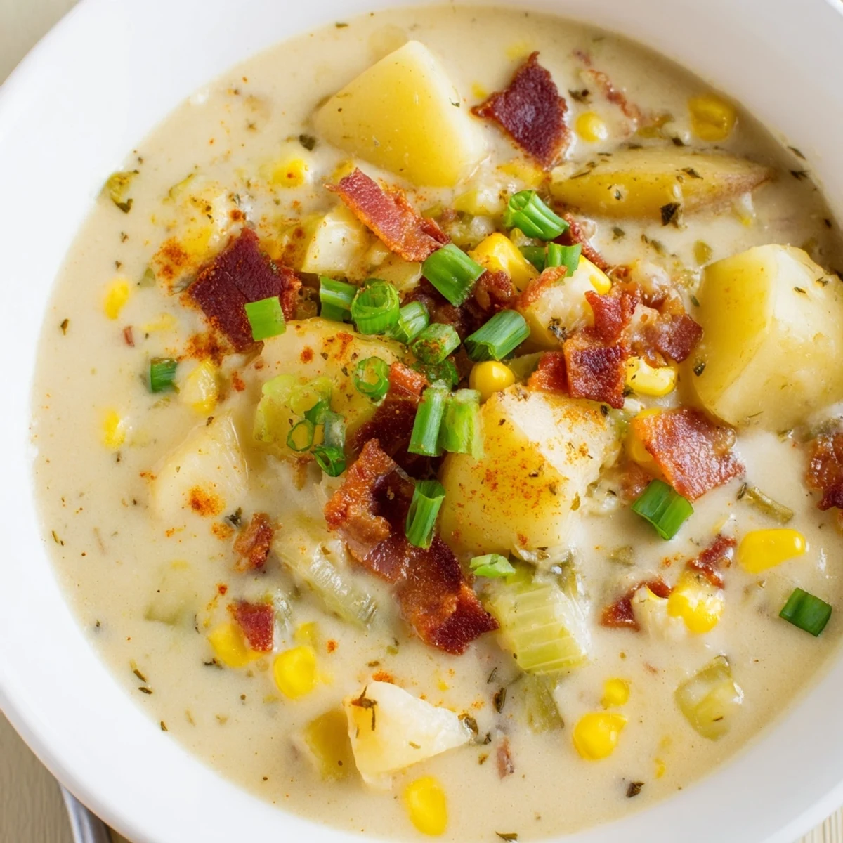 Golden, creamy Corn Chowder with crispy bacon crumbles, a warm hug in a bowl, perfect for dinner.