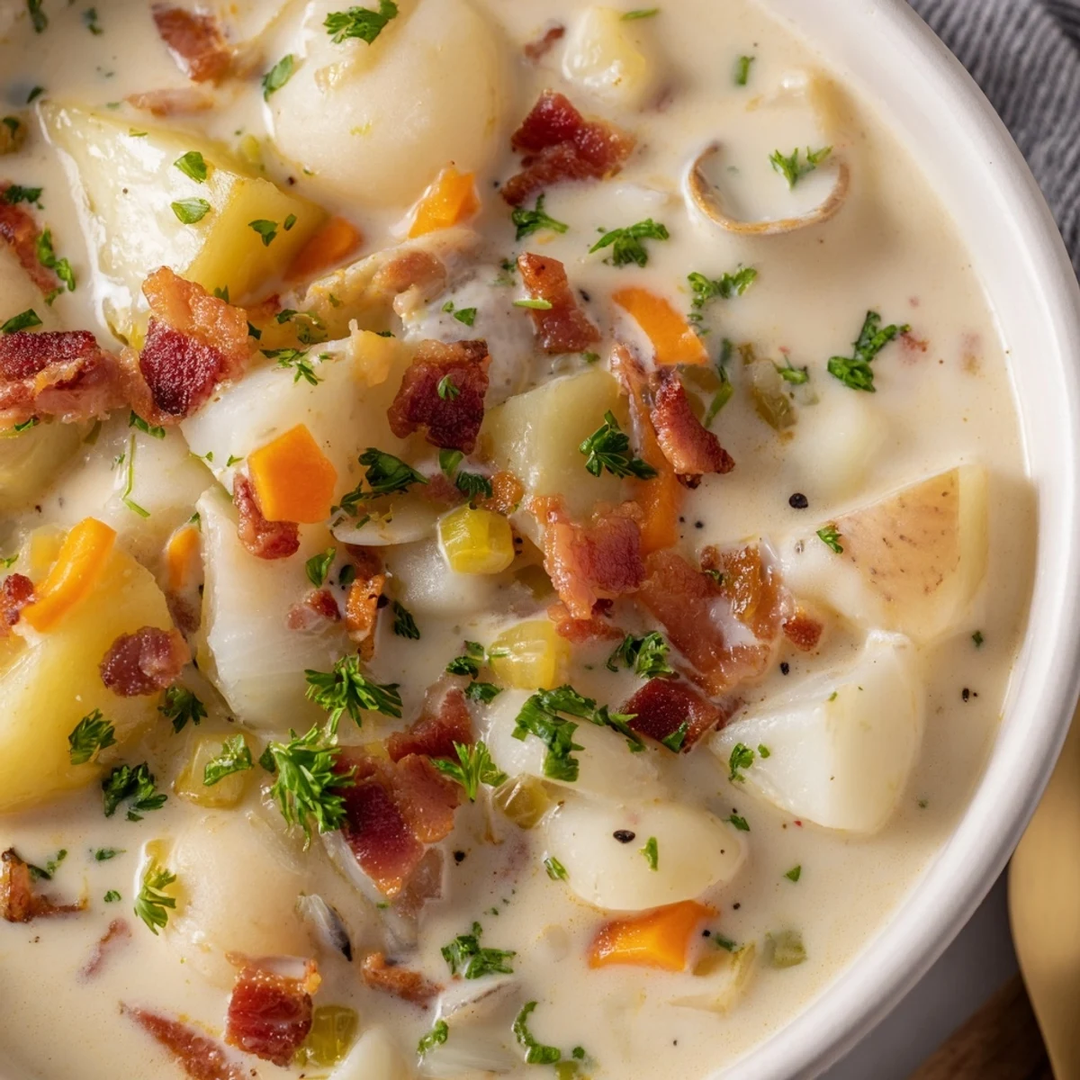 A steaming bowl of New England Clam Chowder showcases tender clams and vegetables in a rich broth.