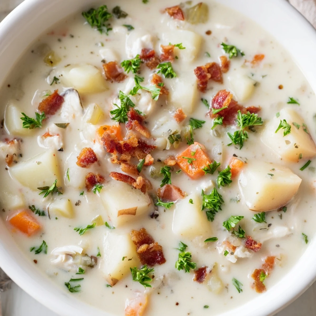 Creamy New England Clam Chowder, a hearty soup with clams, potatoes, and bacon, ready to serve.