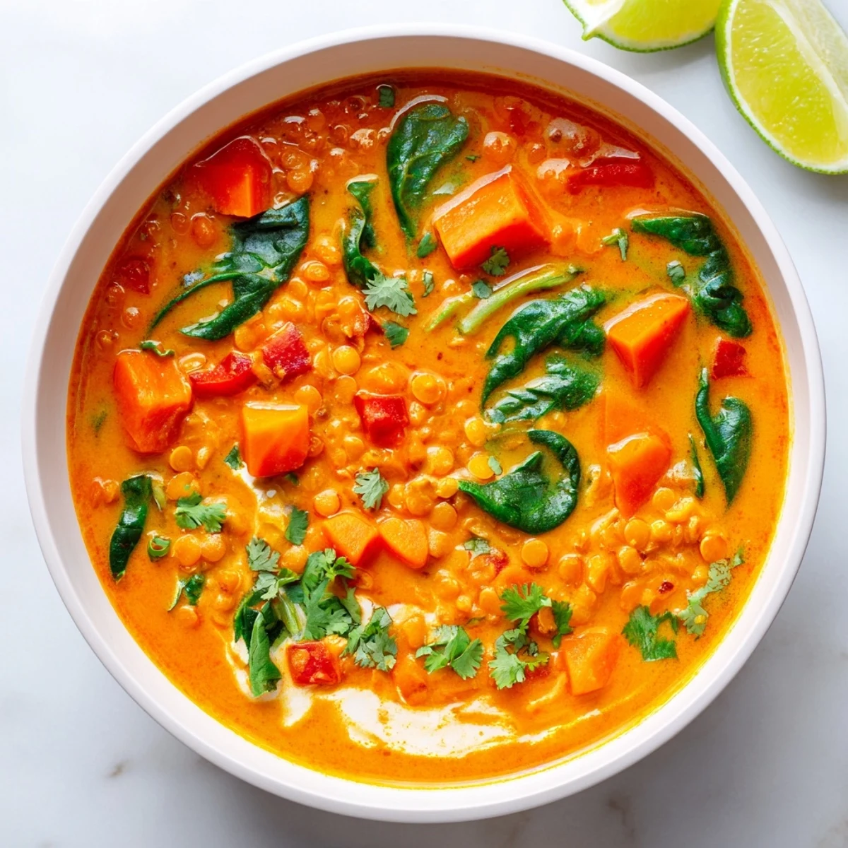 Steaming bowl of Lentil Red Curry Soup, garnished with cilantro, ready for a comforting meal.