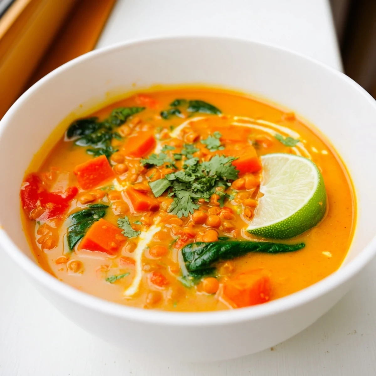 Vibrant red Lentil Red Curry Soup, offering a rich, savory aroma perfect for a chilly evening.