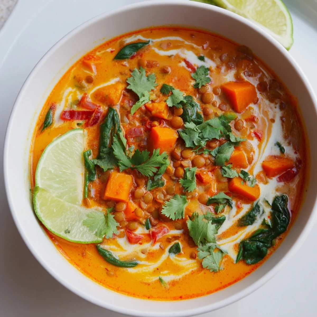 A close-up of hearty Lentil Red Curry Soup, showing tender vegetables and creamy coconut milk.