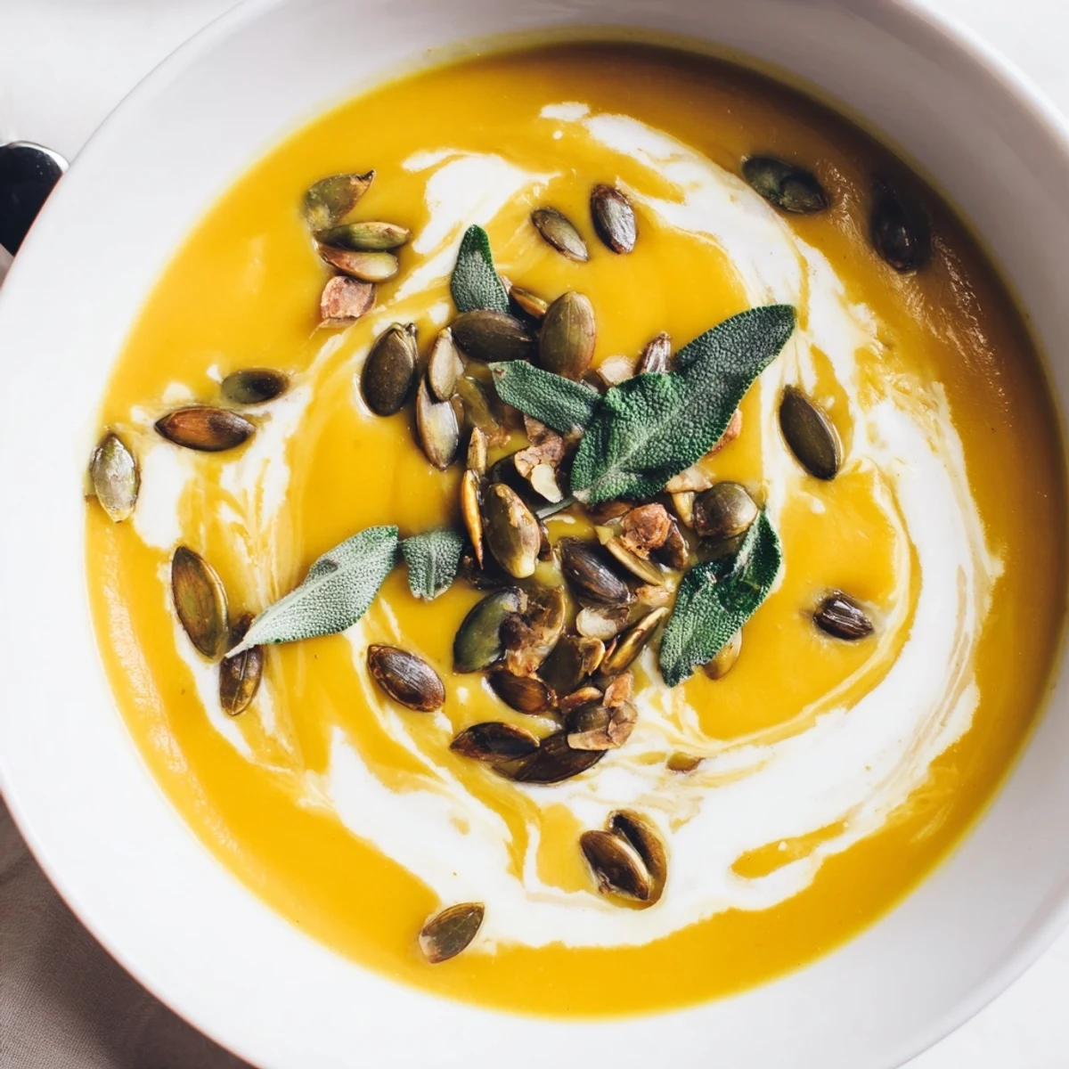 Creamy butternut squash soup with a swirl of cream and fresh sage, inviting flavors.