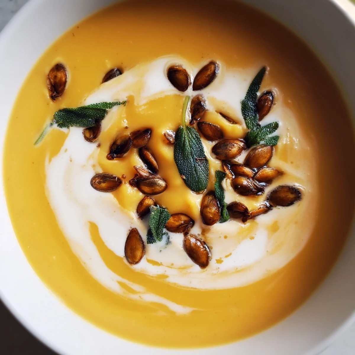 Homemade butternut squash soup, blended smooth, topped with roasted pumpkin seeds for serving.