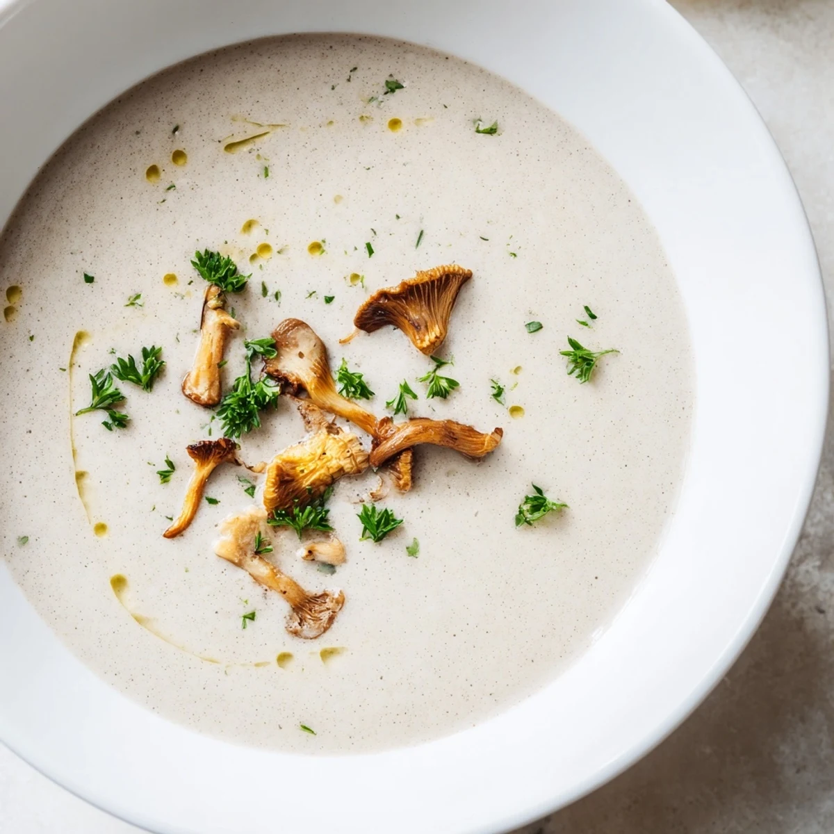 Creamy Mushroom Bisque in a bowl, garnished with fresh herbs, ready for a warm meal.