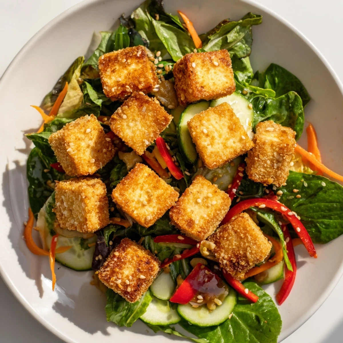This vibrant crispy tofu salad showcases perfectly cooked tofu alongside healthy vegetables, ready to eat.