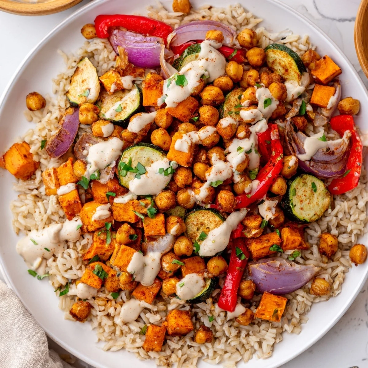 Golden-brown, crispy roasted chickpeas top this colorful Roasted Chickpea Buddha Bowl, ready to be enjoyed.