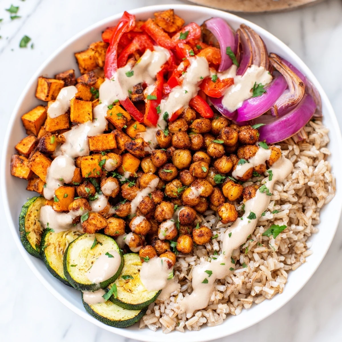 A healthy and inviting close-up showcases vibrant ingredients in this Roasted Chickpea Buddha Bowl recipe.