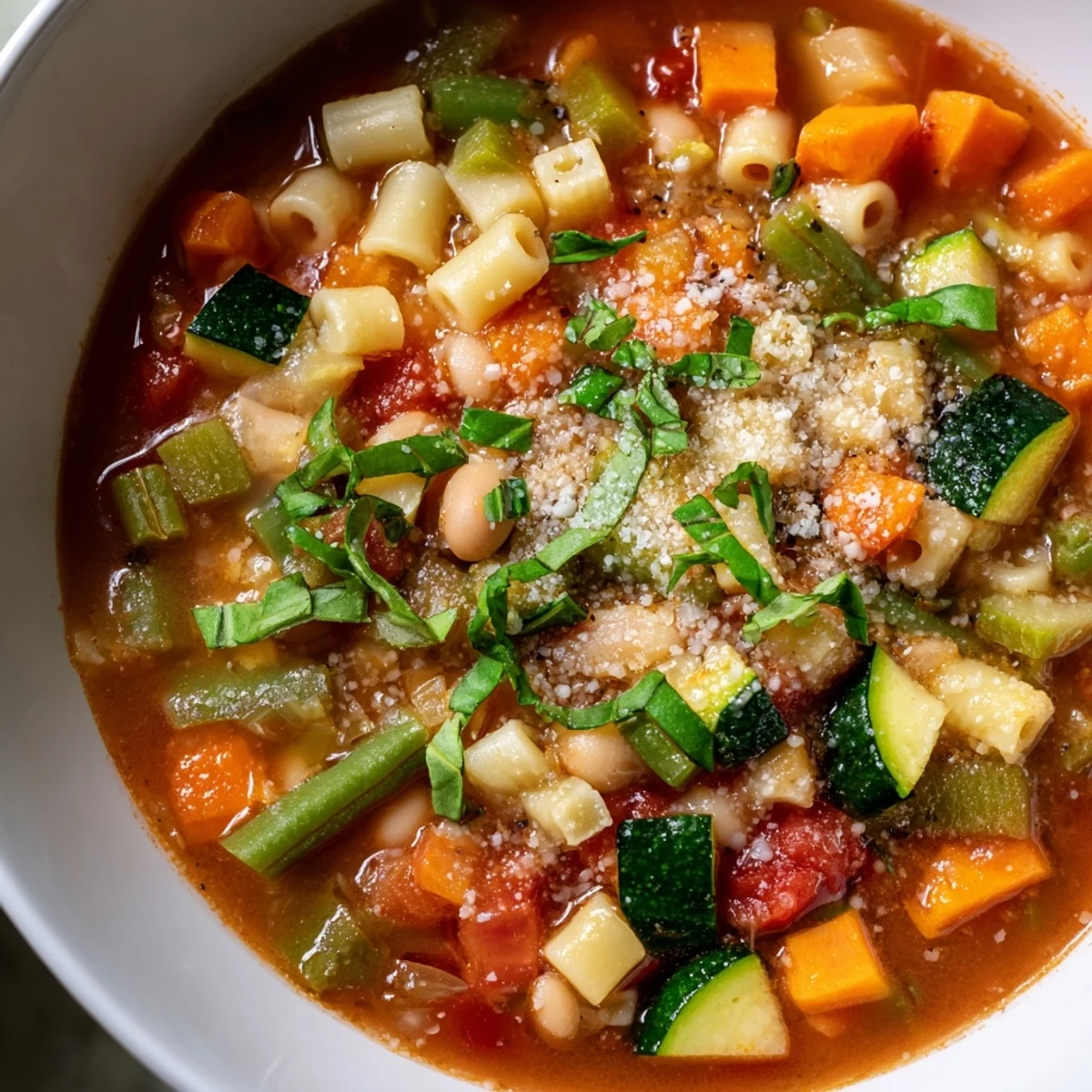 Close-up of a flavorful Tomato Basil Minestrone soup, simmered with fresh herbs and pasta.