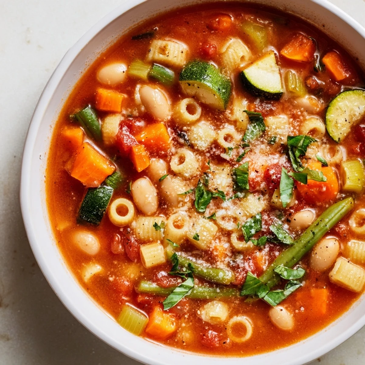 A steaming bowl of Tomato Basil Minestrone, garnished with fresh basil and Parmesan cheese.