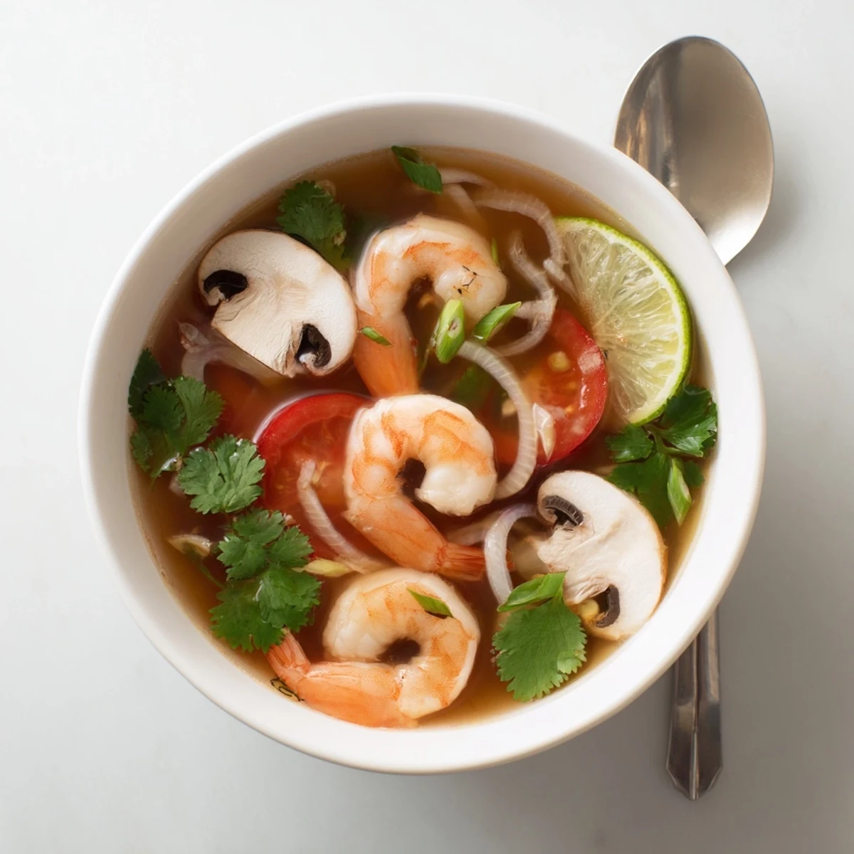 Steaming Spicy Tom Yum Soup in a bowl, featuring plump shrimp and vibrant garnishes for presentation.