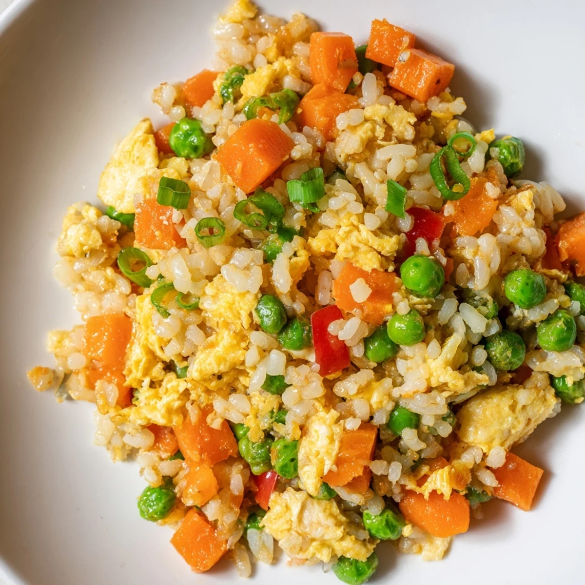 Hearty serving of Egg Fried Rice Classic garnished with fresh green scallions, steaming in a rustic skillet after a quick stir-fry.  
