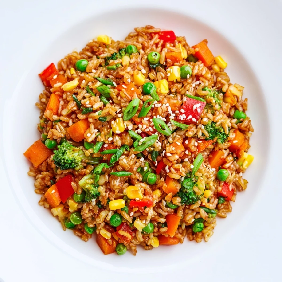 A close-up of vegetable fried rice showing colorful carrots, peas, and bell peppers stirred through fluffy jasmine rice in a wok.