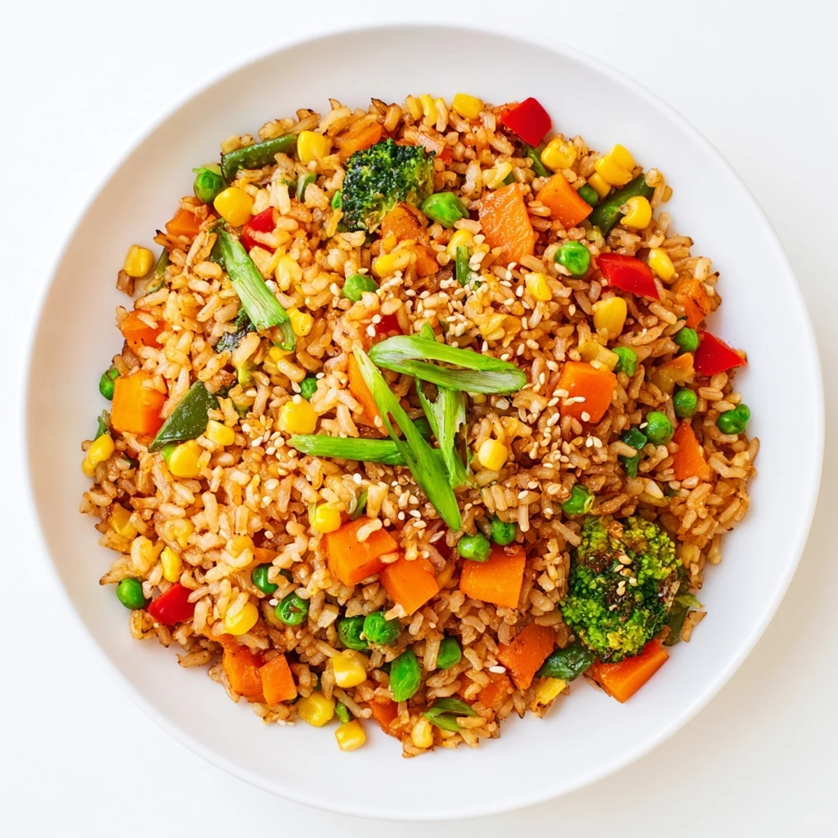 Top-down view of vegetarian vegetable fried rice topped with green onions and sesame seeds, served in a white bowl.