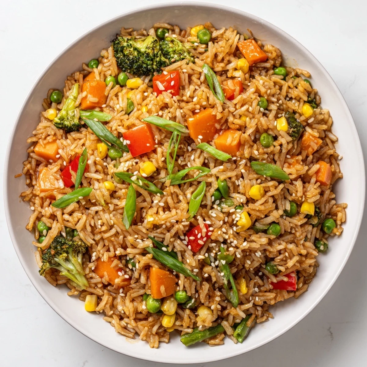 Wok-tossed vegetable fried rice steaming beside chopsticks, featuring crisp broccoli, corn, and green beans for an easy Asian-inspired meal.