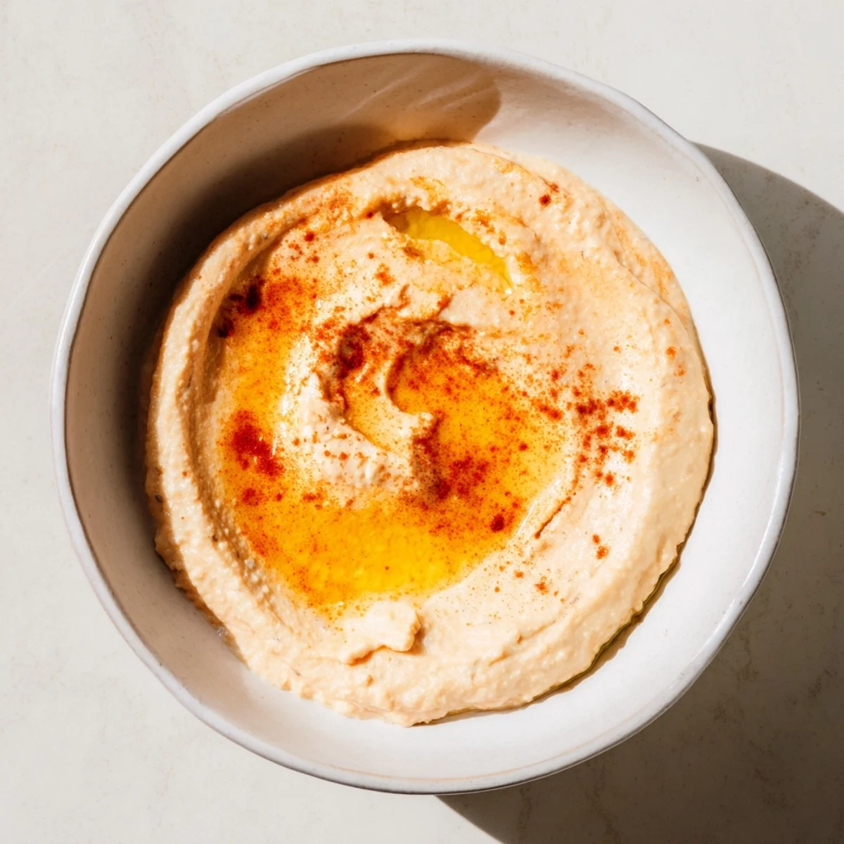 Creamy roasted red pepper hummus served in a rustic bowl, garnished with olive oil, paprika, and fresh parsley, with pita bread on the side.