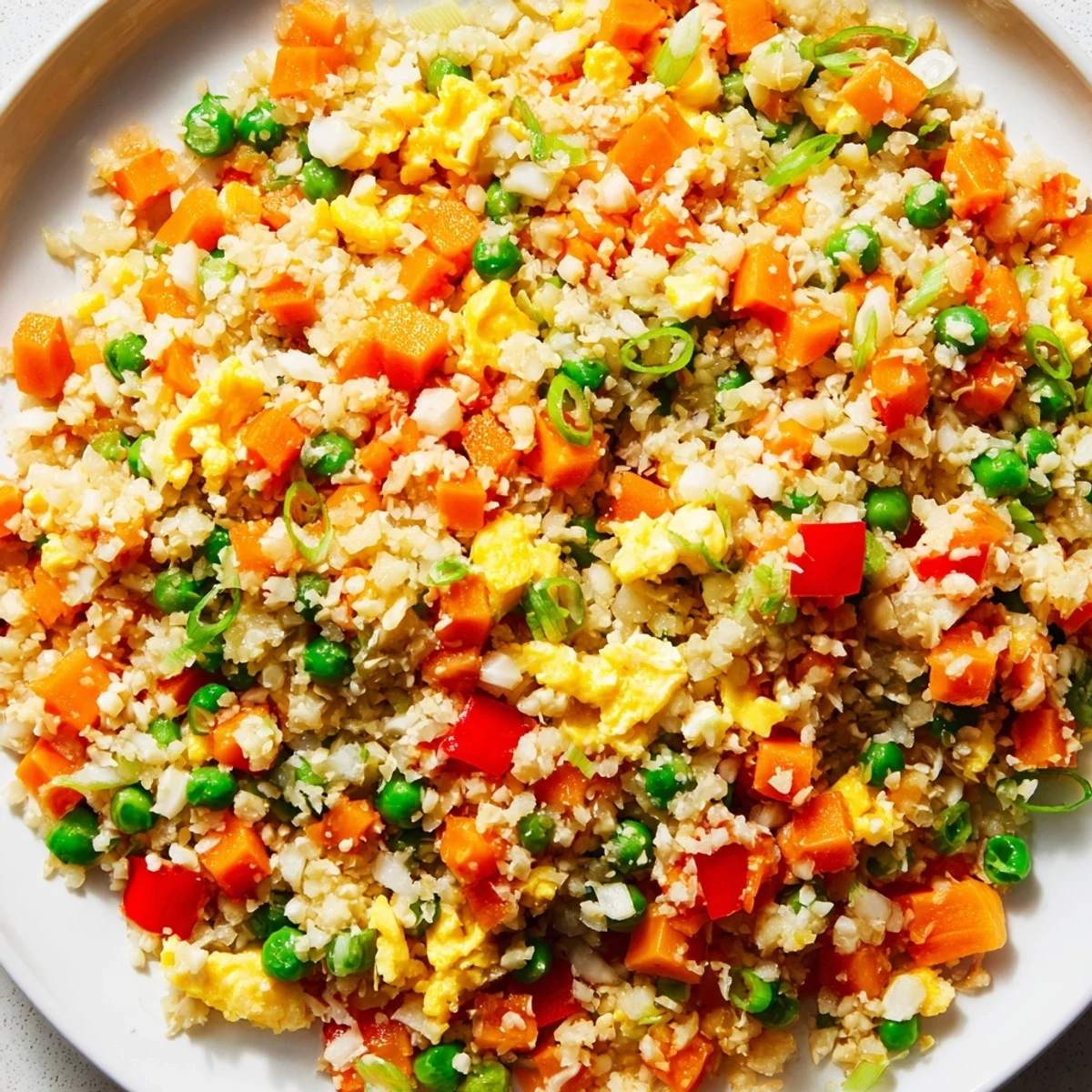 Colorful vegetables and savory seasonings make this grain-free Cauliflower Fried Rice a vibrant, healthy main dish served steaming in a white bowl.