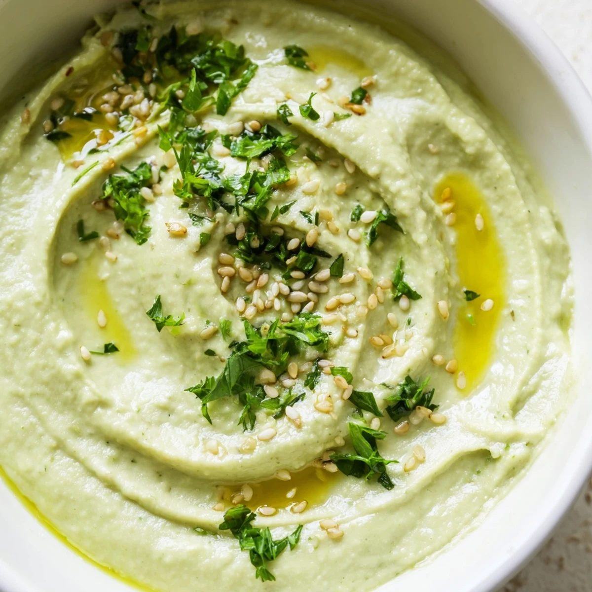 A bowl of creamy Edamame Hummus, garnished with olive oil, toasted sesame seeds, and fresh parsley, served with crisp pita chips and colorful raw vegetables.  