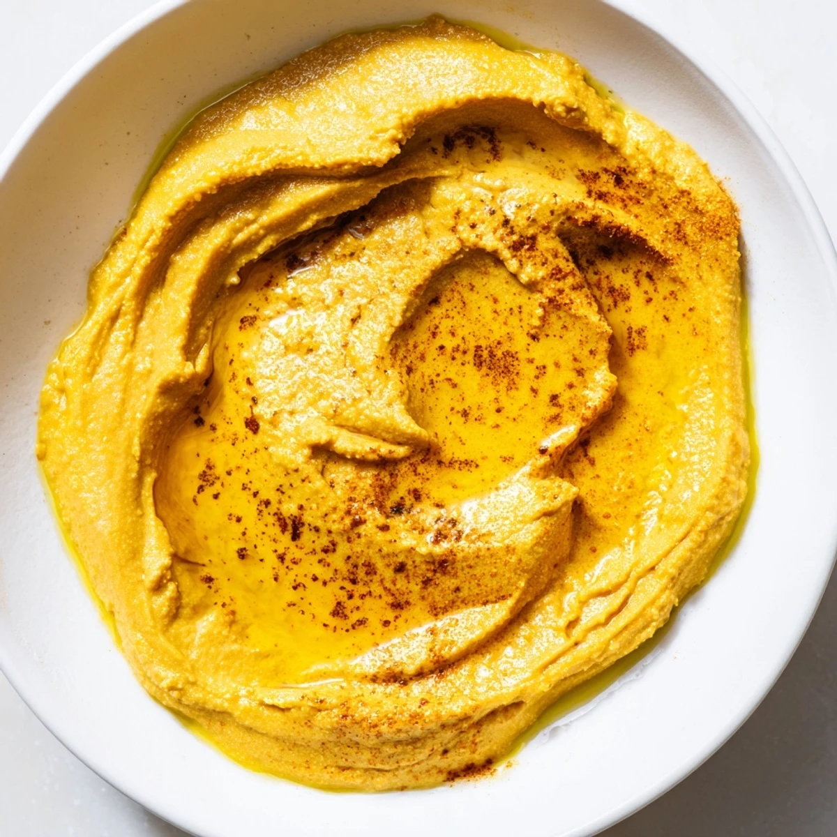 A vibrant bowl of Chickpea Curry Paste, a creamy dip swirled with olive oil and curry powder, ready for dipping.