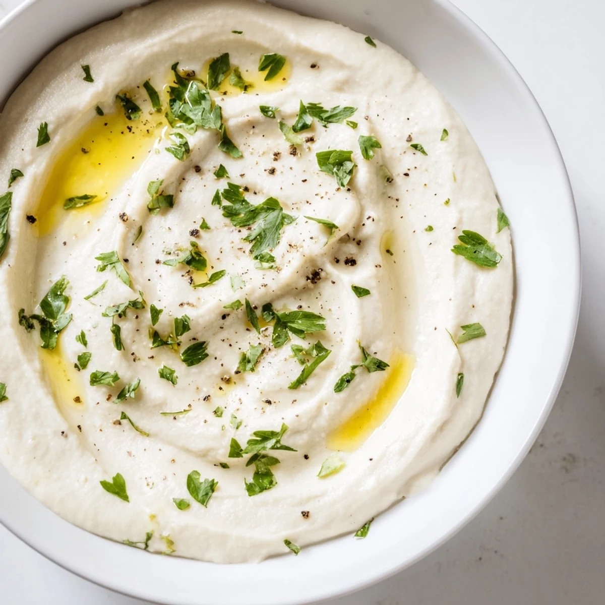 A bowl of creamy white bean dip drizzled with olive oil and fresh parsley, served with pita bread and veggie sticks.  