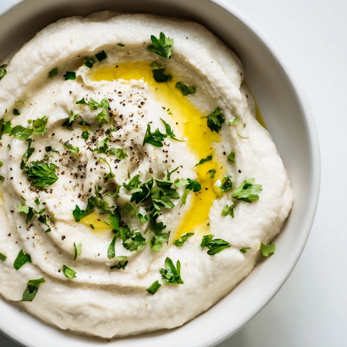 Ultra-smooth vegan white bean dip topped with a golden olive oil swirl and freshly cracked black pepper.
