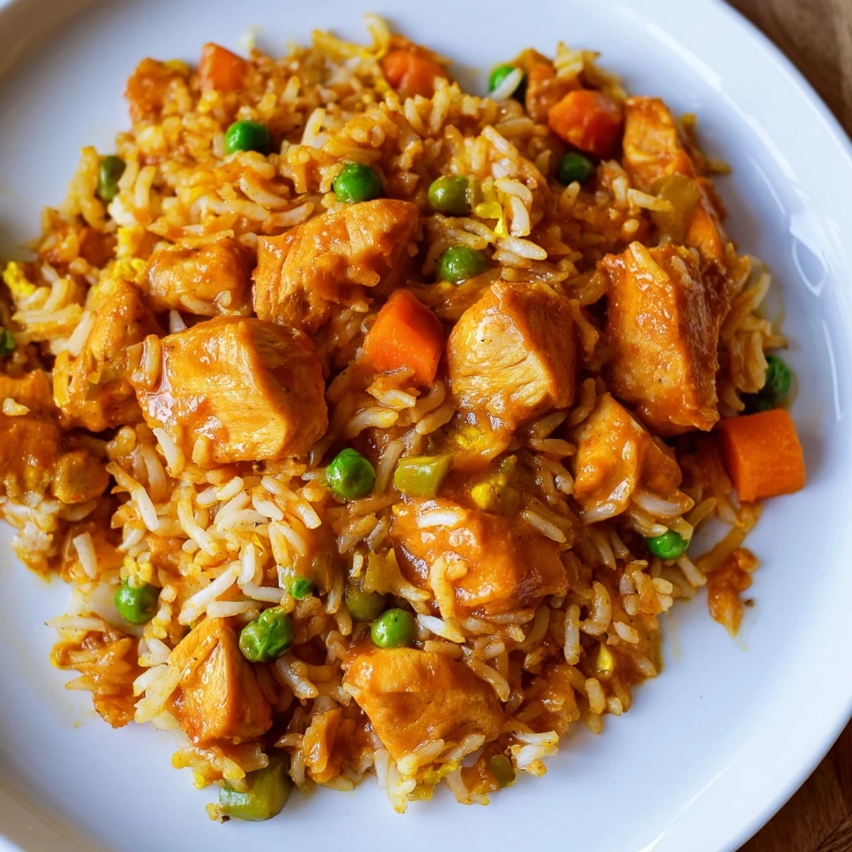 Savory Butter Chicken Fried Rice sizzles in a skillet with diced carrots and peas, ready for a quick weeknight dinner.