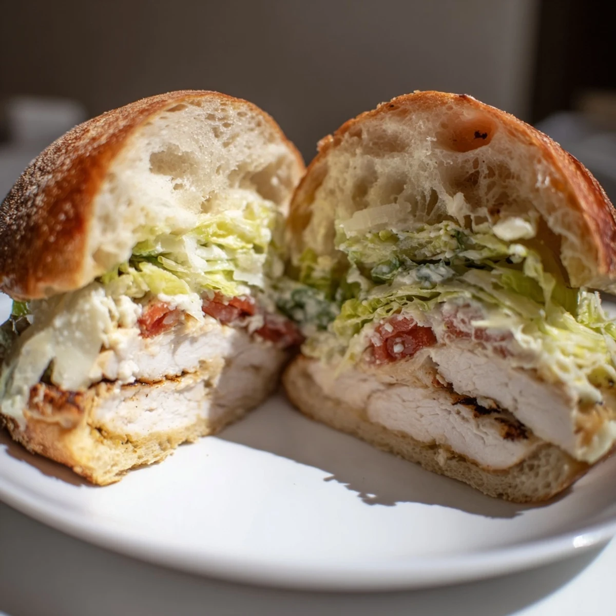 Golden grilled chicken topped with crisp romaine lettuce and Parmesan cheese on a toasted brioche bun, drizzled with creamy Caesar dressing.