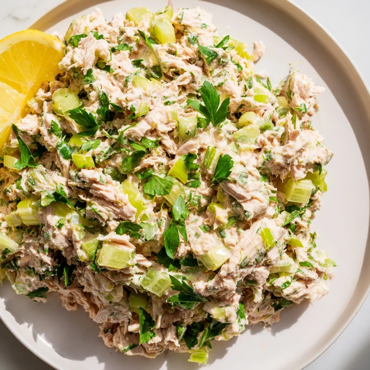 Freshly mixed Spicy Zesty Tuna Salad with creamy dressing, chopped scallions, and a squeeze of lemon ready for sandwiches.
