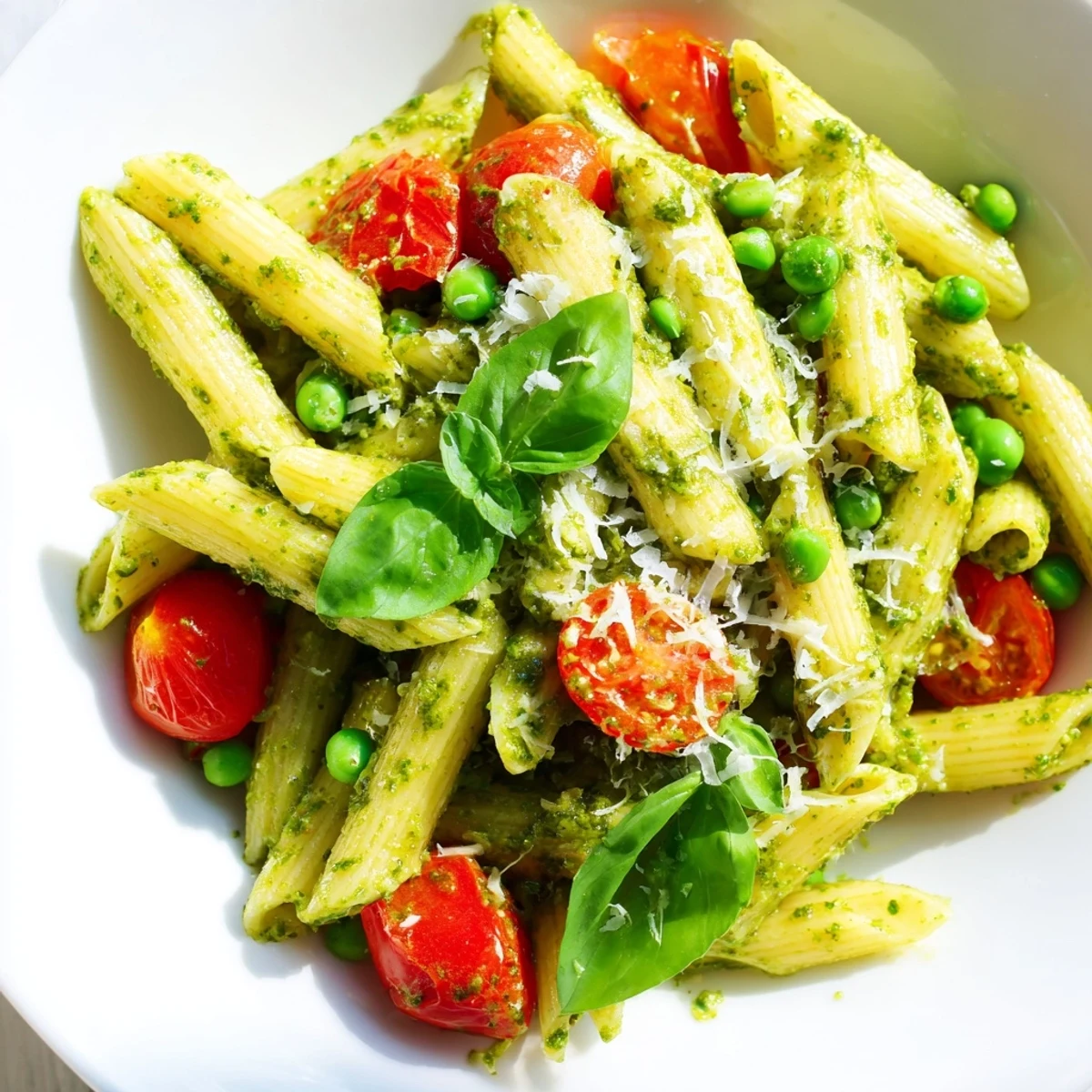 Bright green pesto pasta salad with halved cherry tomatoes, sweet peas, and fresh basil on a rustic plate.  