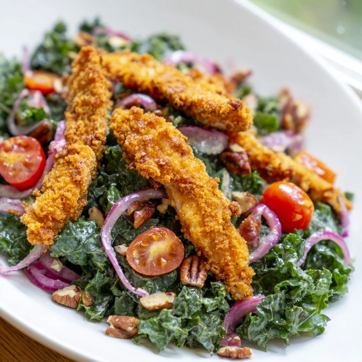 A close-up of the crispy chicken kale salad shows glistening dressing on textured greens and juicy tomatoes, perfect for an American-style main course.