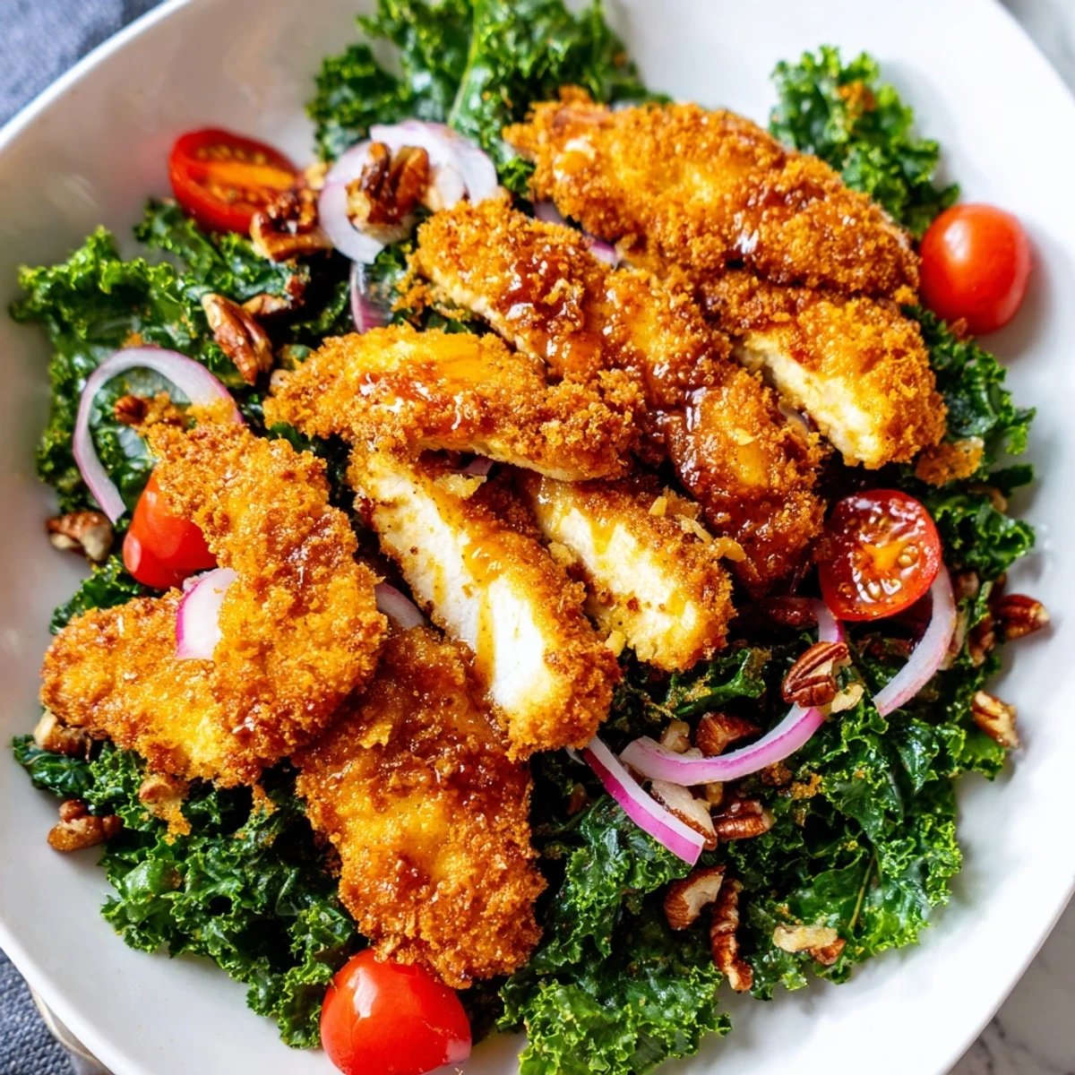 Fresh kale is massaged and mixed with tomatoes, red onion, and pecans, then topped with crunchy, golden-brown chicken cutlets ready for a satisfying lunch.