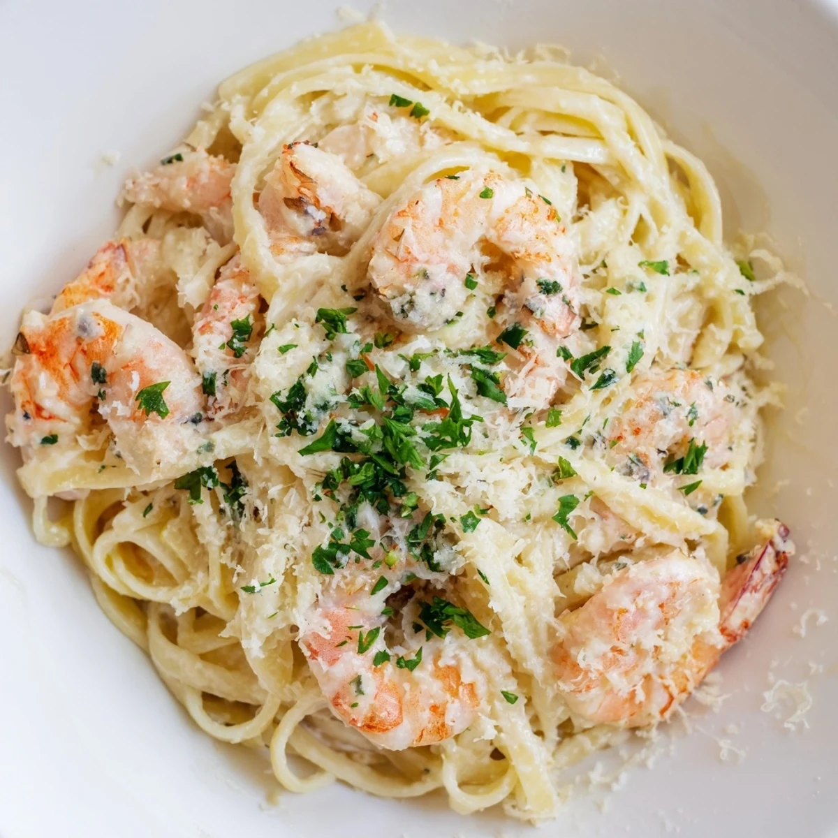 Creamy Garlic Shrimp Pasta served with succulent shrimp on al dente linguine, drizzled with a rich garlic cream sauce.