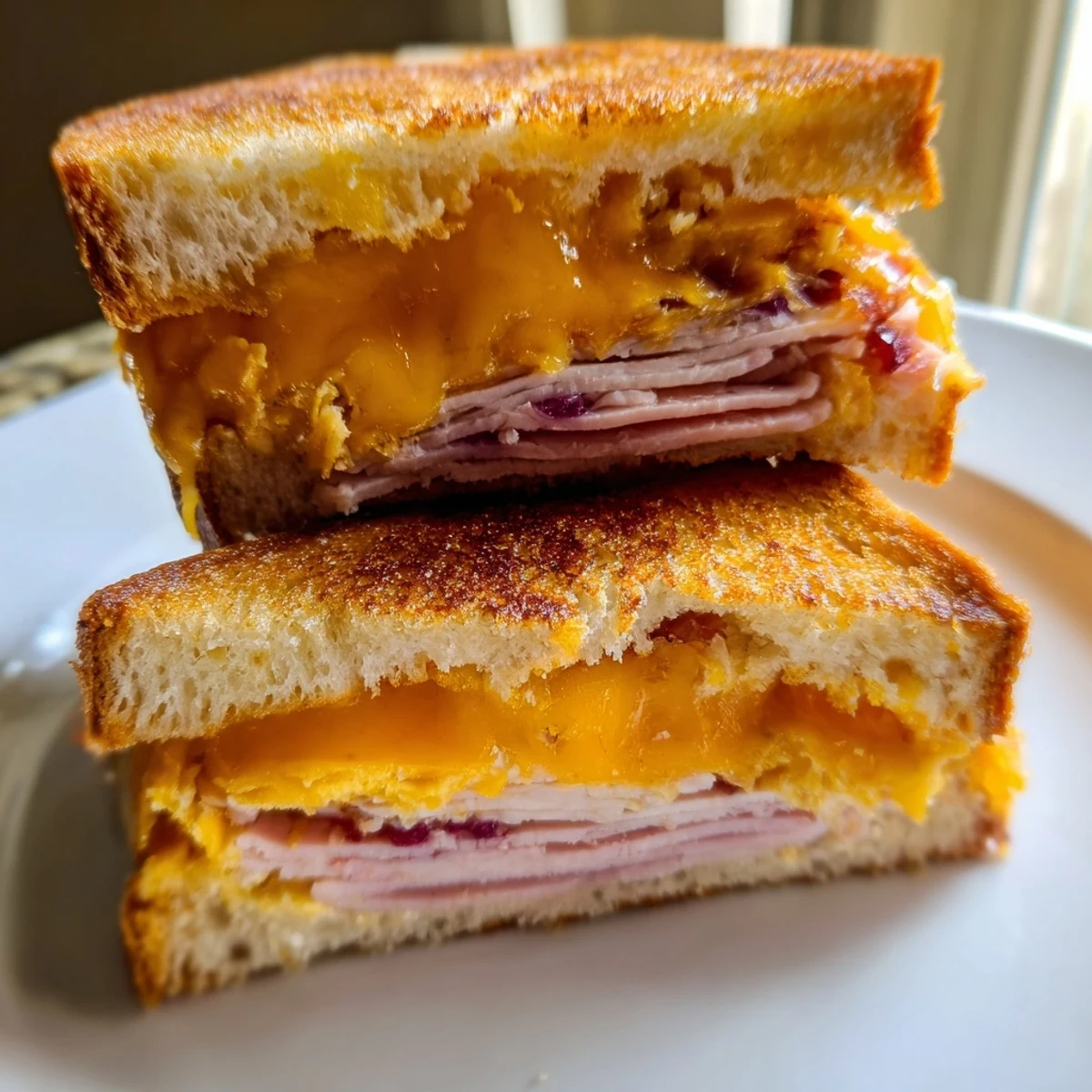 Melted cheddar and savory smoked turkey grilled cheese with cranberry spread on buttery bread.
