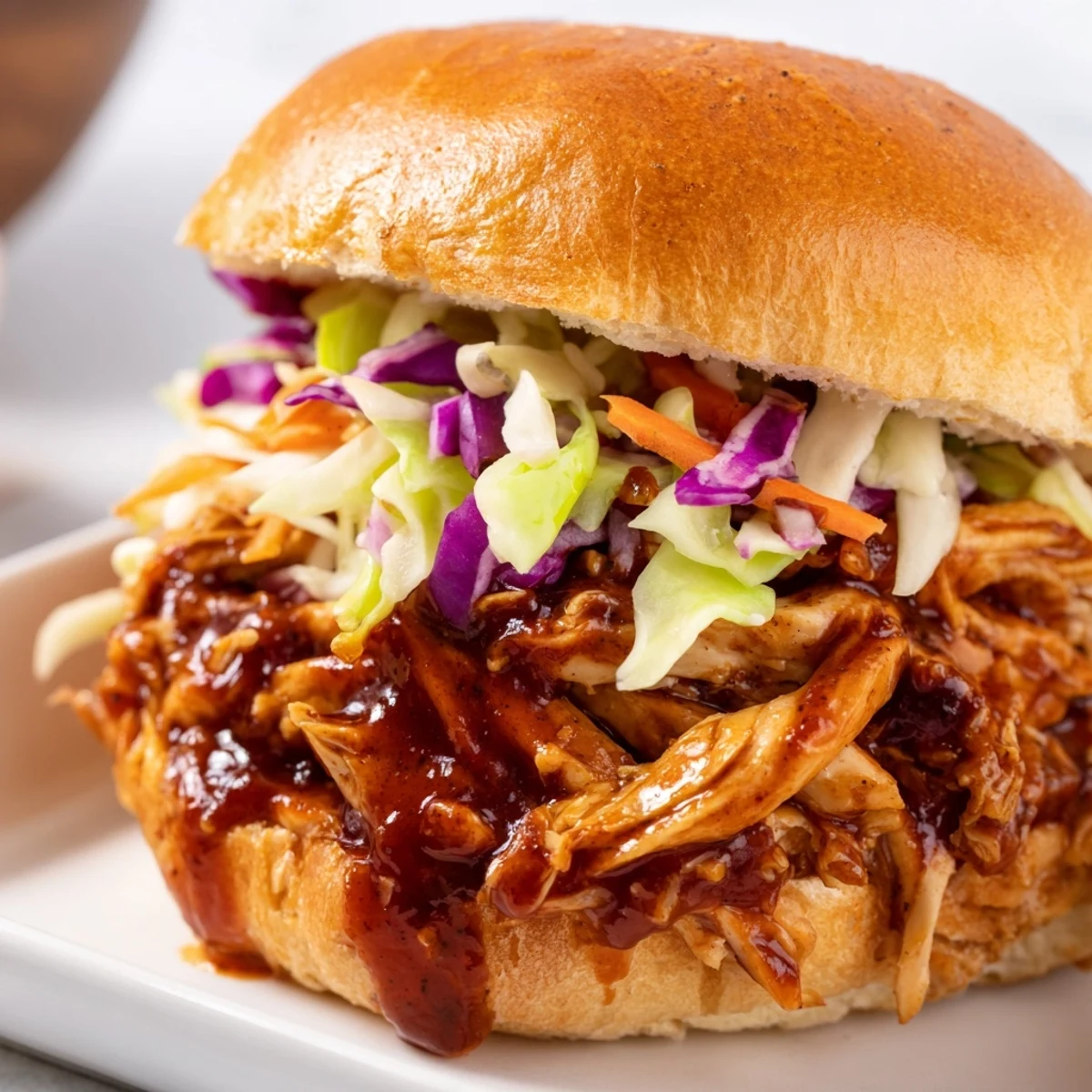 Golden toasted brioche buns filled with saucy pulled chicken sandwich and crunchy, creamy slaw.