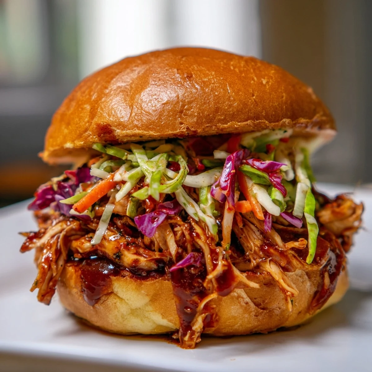 Freshly shredded slaw adds tangy crunch to a piled-high pulled chicken sandwich meal.
