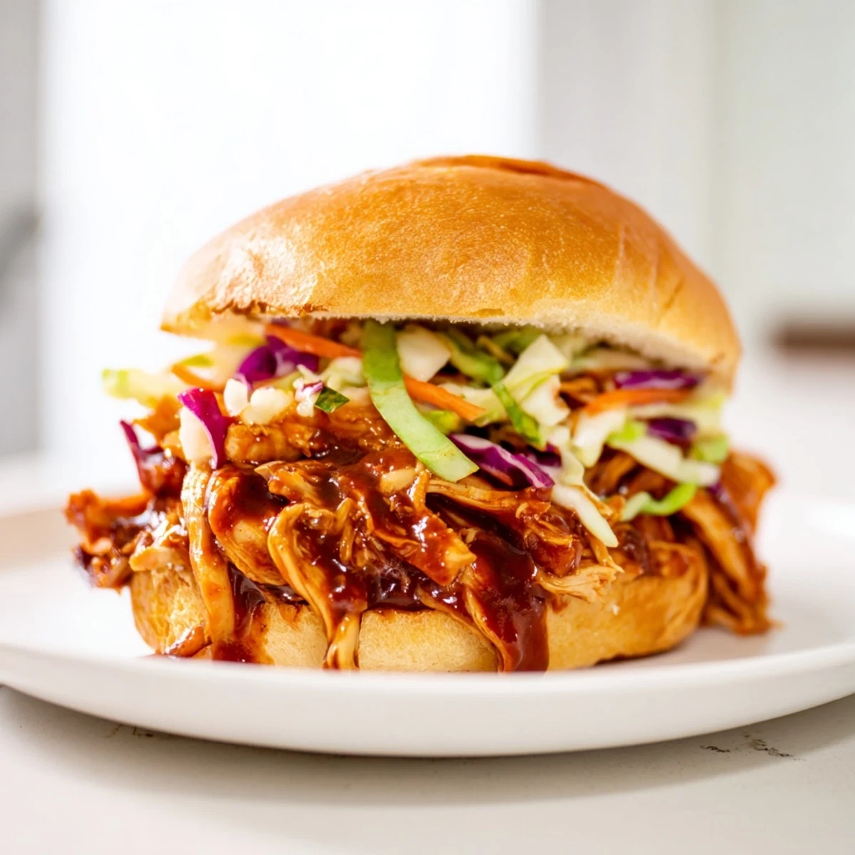 Savory pulled chicken sandwich served on a soft bun, perfect for weeknight family dinners.
