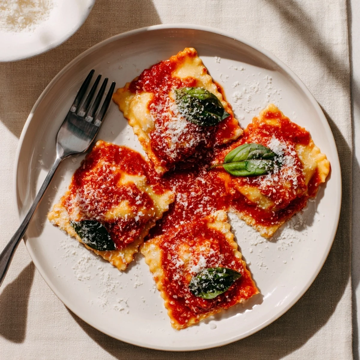 Freshly boiled Spinach Ricotta Ravioli served in a warm bowl with vibrant red marinara sauce, extra Parmesan, and a side of crusty bread.