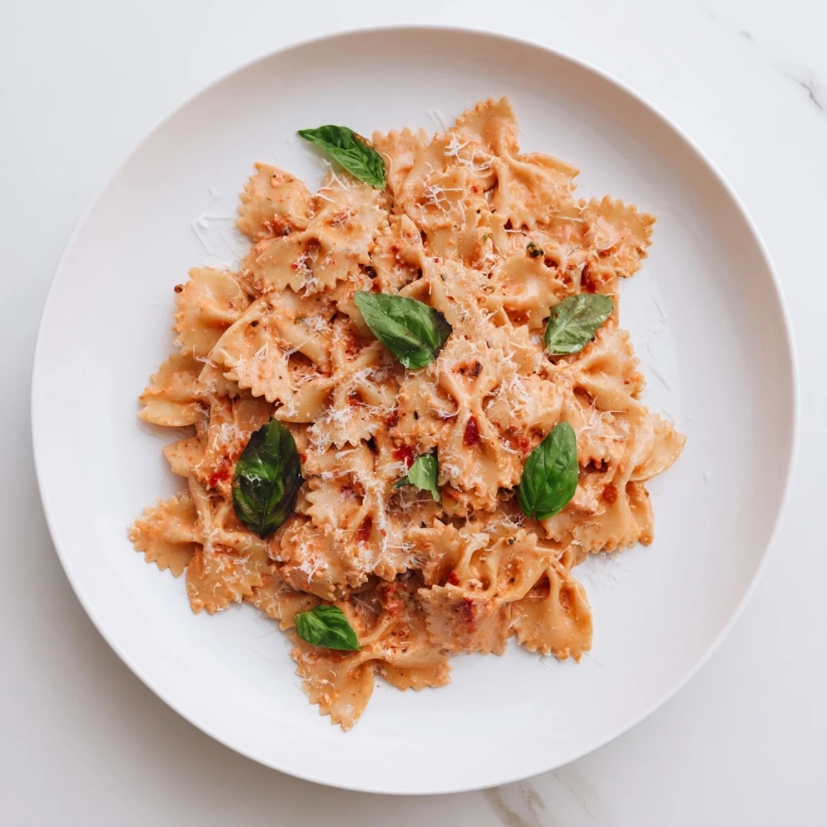 Brightly lit bowl of Tomato Basil Bowtie Pasta, served alongside crusty garlic bread and a fresh green salad.