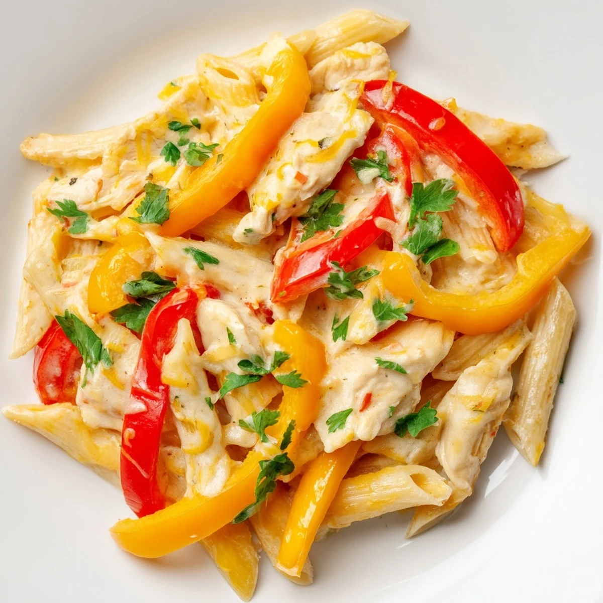 A vibrant Fajita Chicken Pasta Skillet with tender spiced chicken, colorful bell peppers, and onions in a creamy cheese sauce.
