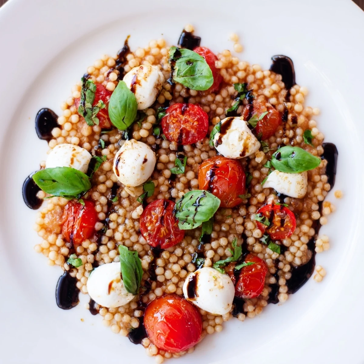 Bright cherry tomatoes, creamy mozzarella balls, and fragrant basil toss with tender pearled couscous and a tangy balsamic glaze in this Caprese Couscous Salad.  