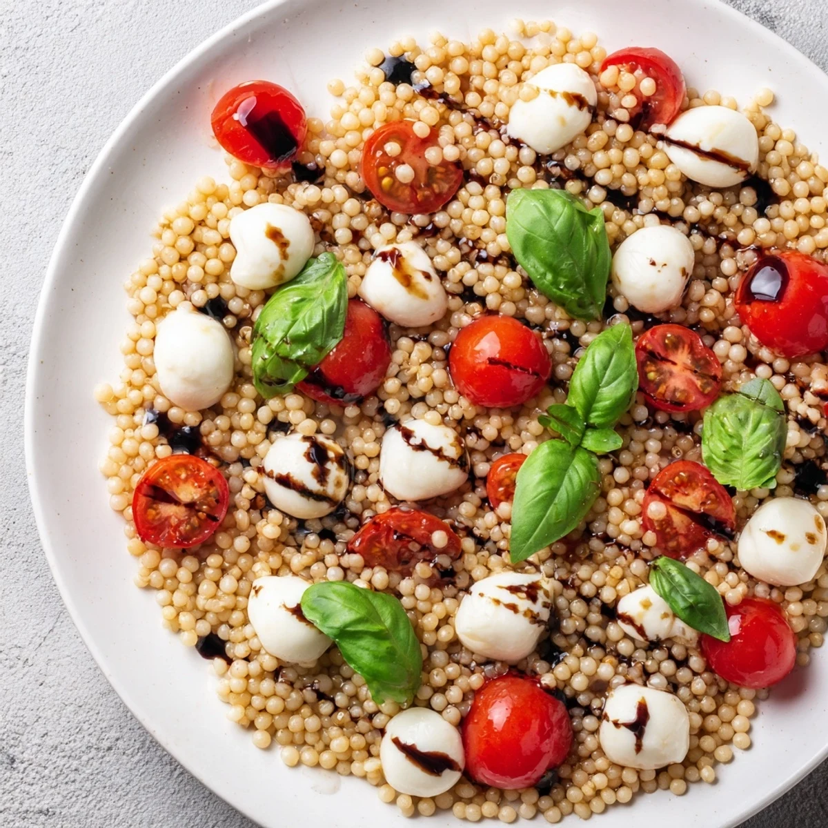 A chilled bowl of Caprese Couscous Salad features juicy tomatoes, mozzarella, and a drizzle of balsamic glaze, perfect for a light vegetarian meal.