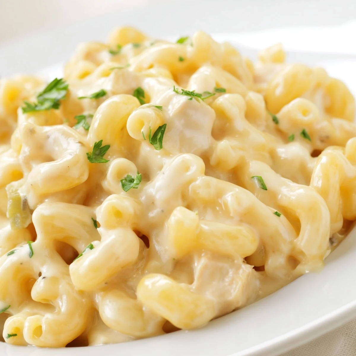 Skillet of creamy Green Chili Chicken Mac with tender shredded chicken, melted Monterey Jack and cheddar, and mild green chiles.