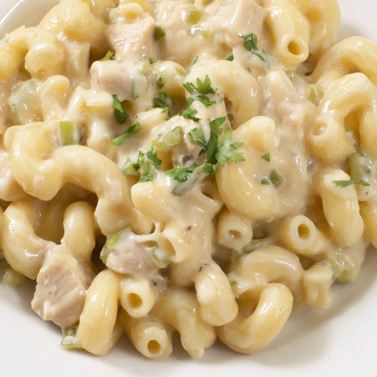 Close-up of Green Chili Chicken Mac showing juicy chicken pieces and gooey cheese sauce clinging to small pasta shells.