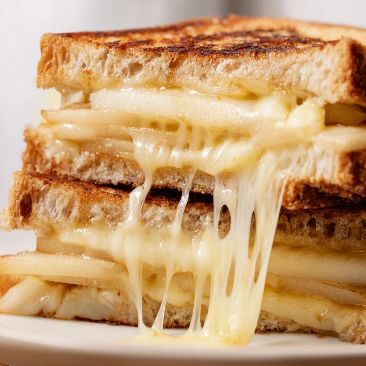 Golden brown sourdough slices hold melted smoked Gouda and crisp, thin apple slices.