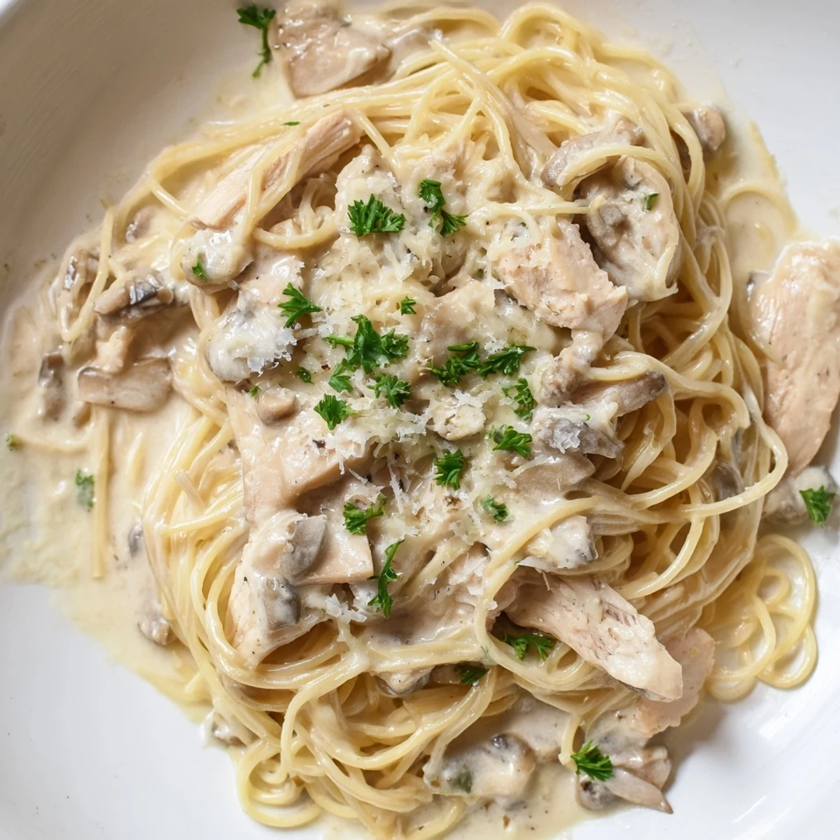 Golden-brown chicken strips and al dente spaghettini nestled in a creamy mushroom sauce, garnished with fresh parsley and Parmesan.
